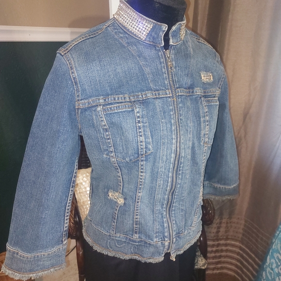 Allen B Scwartz Rhinestone Encrusted Distressed Denim Jacket - Picture 8 of 8